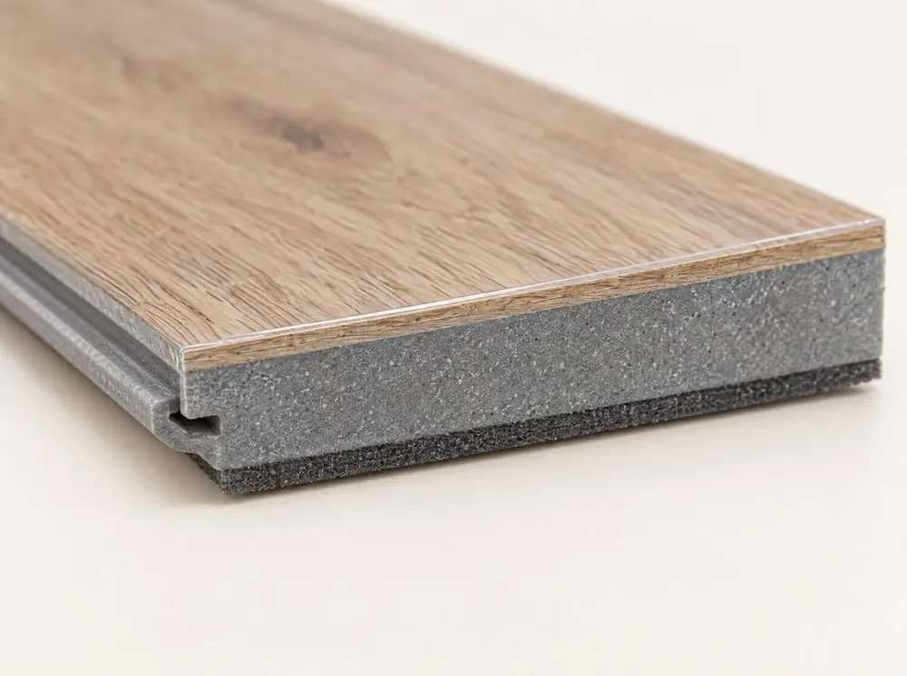 Cut edge of a waterproof vinyl plank showing the clear wear layer, the printed wood look, the grey SPC core and the attached pad